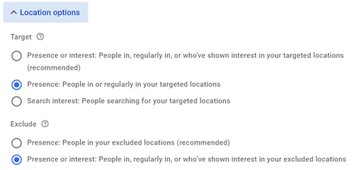 Location options on Google ads