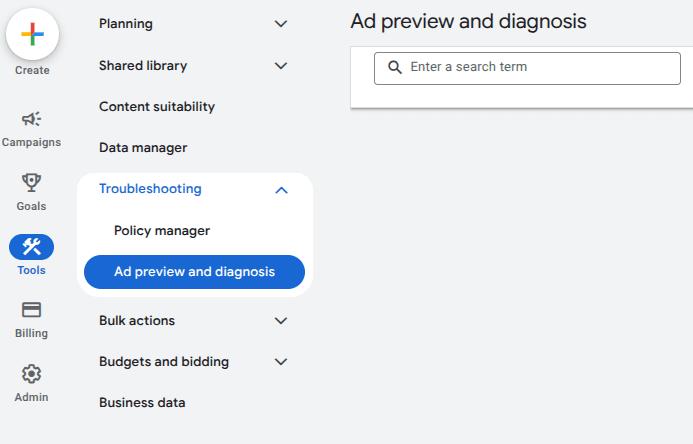 Ad preview and diagnosis on Google ads