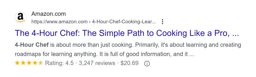 Example of Google AI Overviews vs Rich Snippets showing a rich snippet for the Amazon product 4 Hour Chef: The Simple Path to Cooking Like a Pro with star ratings, number of reviews, and pricing information.