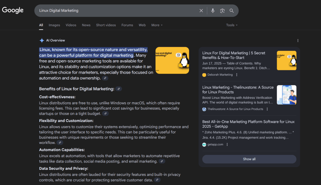 An example of an AI overview for the search query “Linux Digital Marketing”