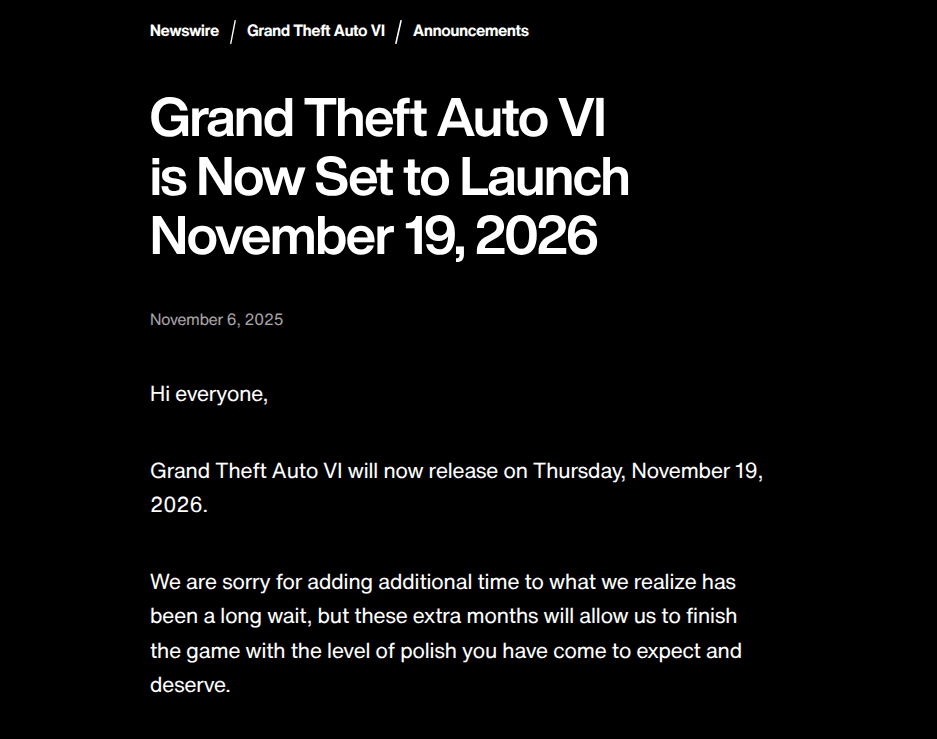 GTA 6 Delayed again
