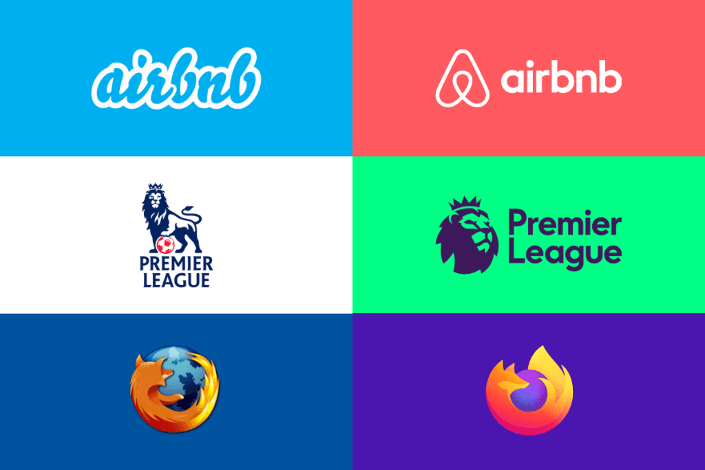 Why Did Logos Become So Simple? Comparison of old and new logos of brands "airbnb", "Premier League", and "Firefox", all showcasing the trend towards minimalism in graphic design.