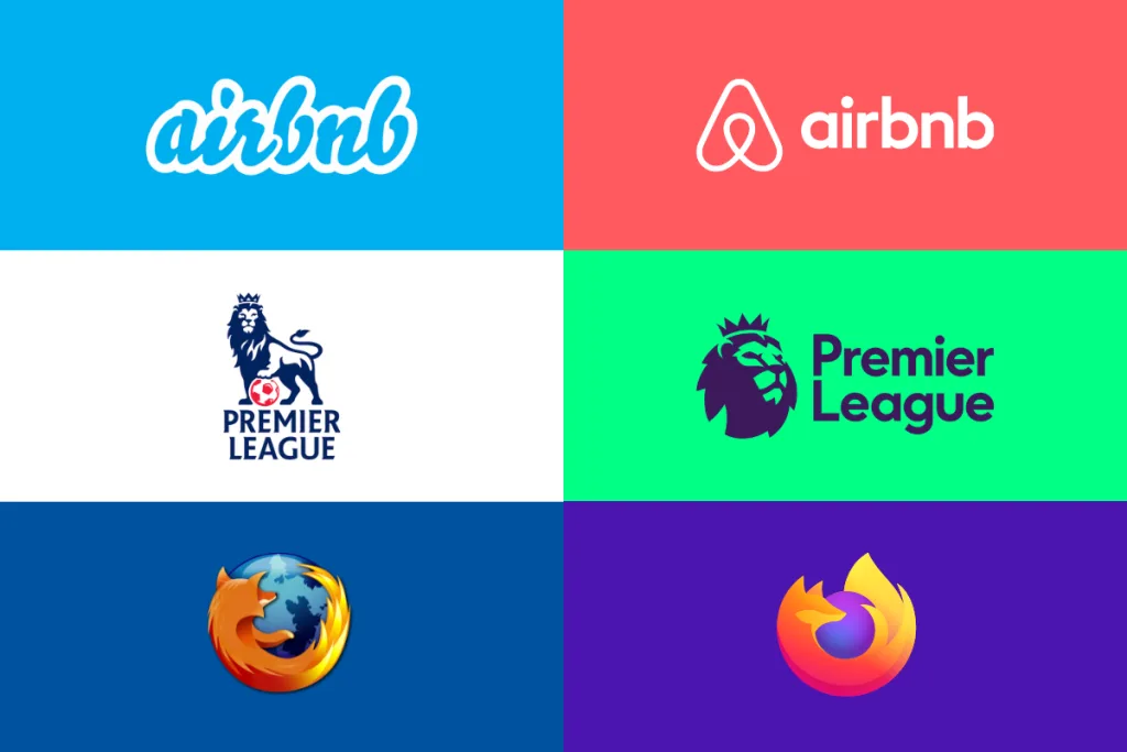 Comparison of old and new logos of brands "airbnb", "Premier League", and "Firefox", all showcasing the trend towards minimalism in graphic design.