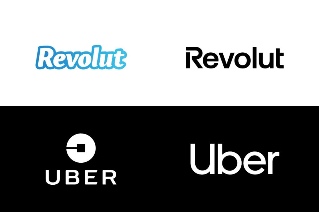 Why Did Logos Become So Simple? Comparison of old and new logos of brands "Revolut" and "Uber" showcasing the minimalist trend in logo design.