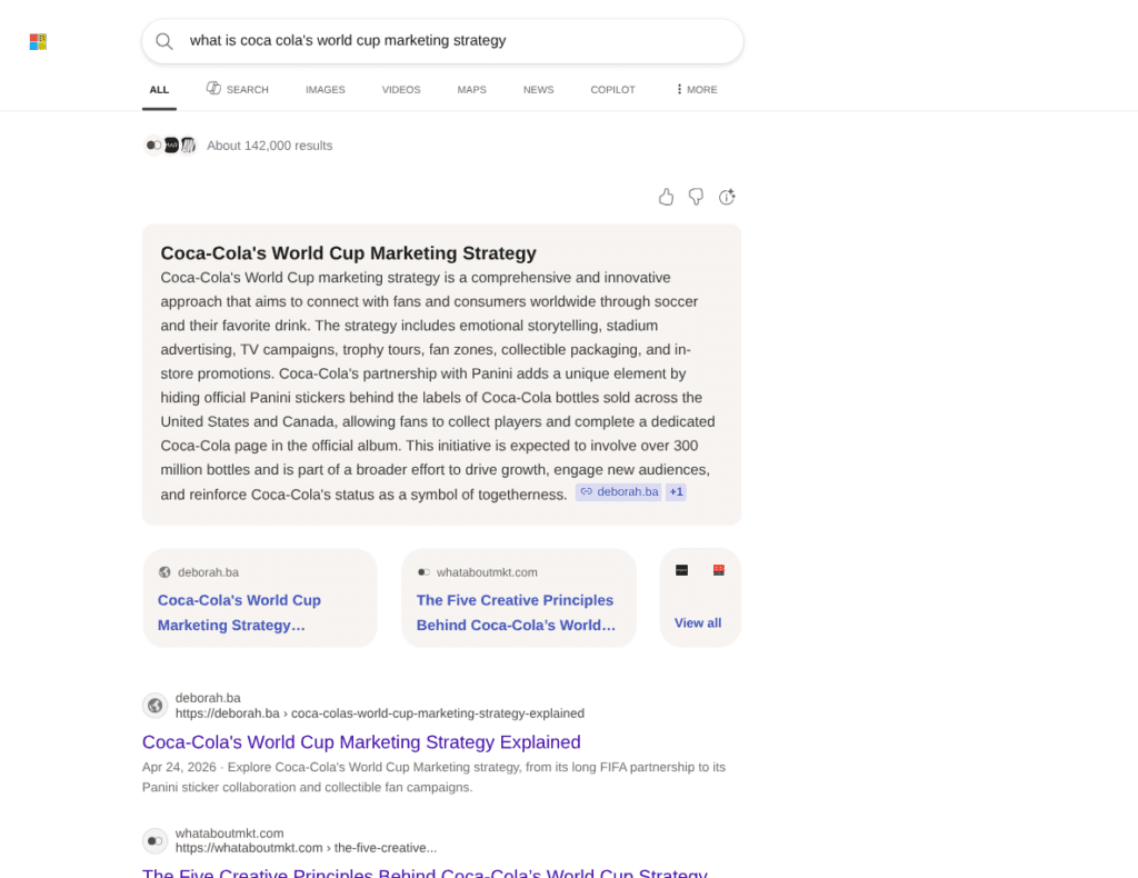 Bing's search results example. The search querry is "what is coca cola's world cup marketing stragegy
