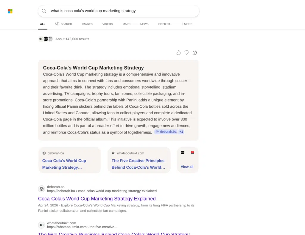 Bing's search results example. The search querry is "what is coca cola's world cup marketing stragegy
