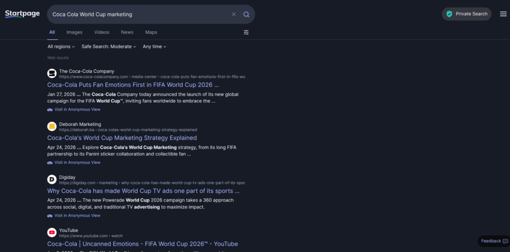 Example of a search on Startpage search engine. The querry is "Coca Cola's World Cup marketing"