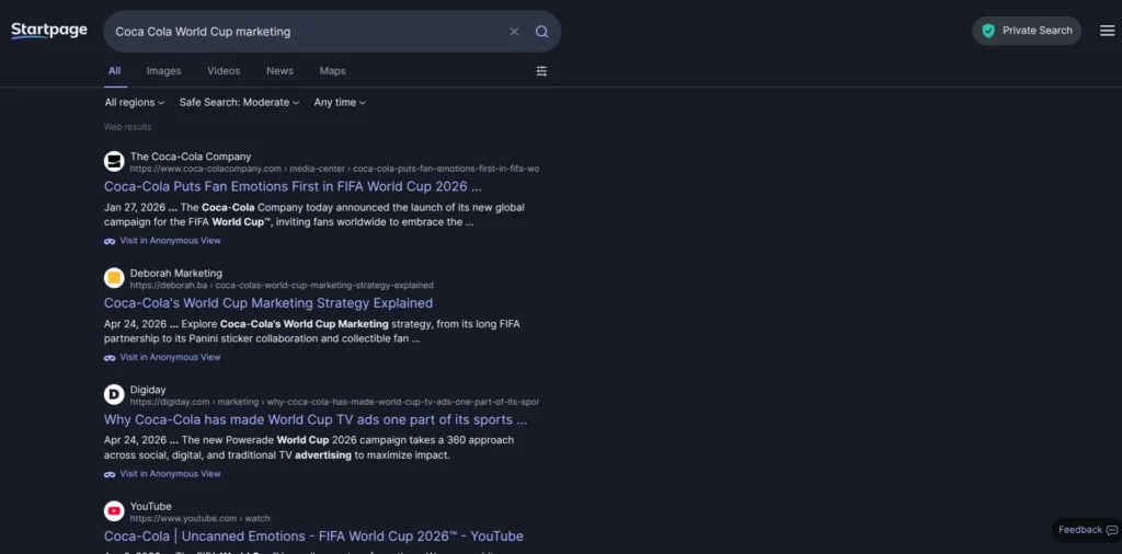 Example of a search on Startpage search engine. The querry is "Coca Cola's World Cup marketing"