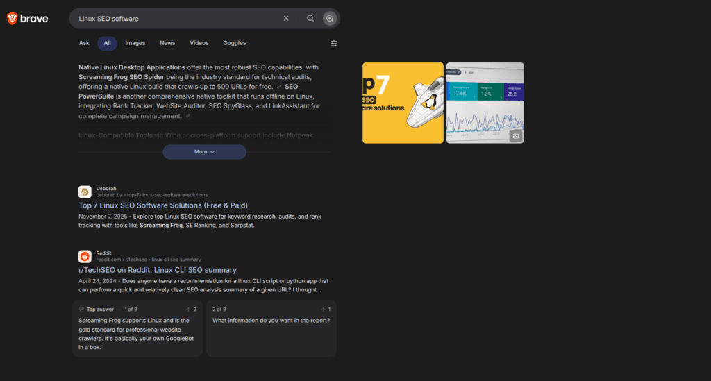 Example of a search on Brave search engine. The querry is "Linux SEO Software"