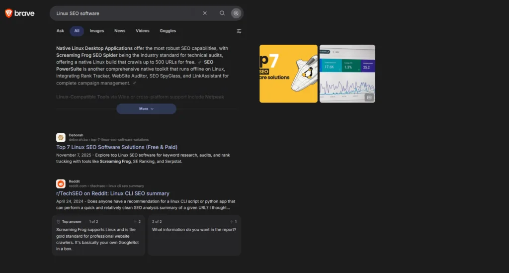 Example of a search on Brave search engine. The querry is "Linux SEO Software"