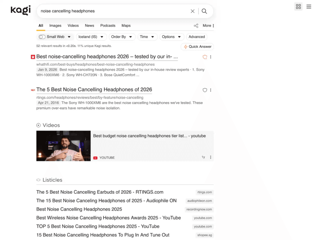 Example of a search on Kagi search engine. The querry is noise cancelling headphones.