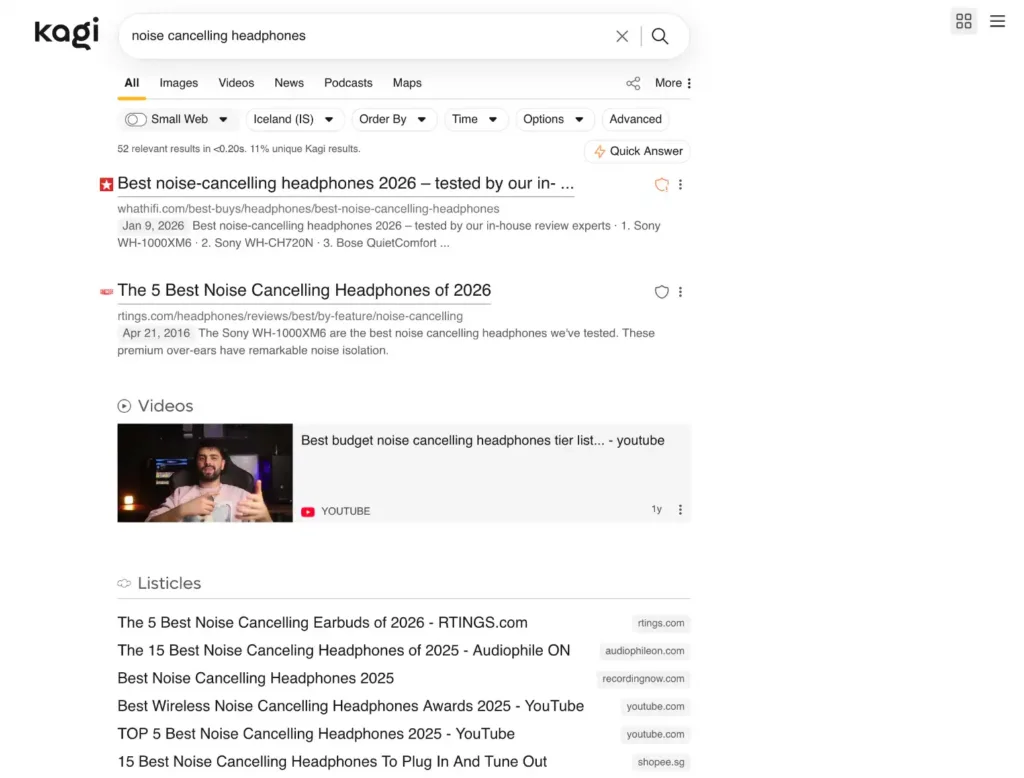 Example of a search on Kagi search engine. The querry is noise cancelling headphones.