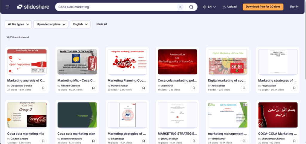 Example of a search on slideshare. The querry is "Coca Cola marketing"