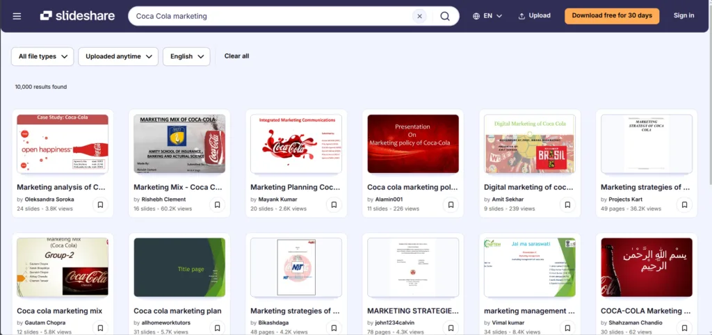 Example of a search on slideshare. The querry is "Coca Cola marketing"