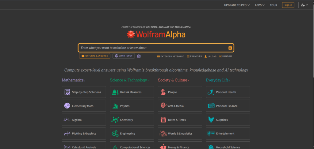 The UI of Wolfram Alpha search engine