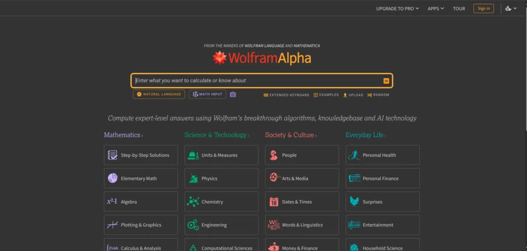 The UI of Wolfram Alpha search engine