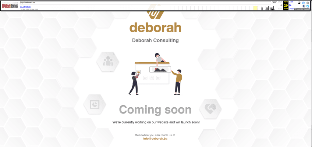 Example of a past snapshot of Deborah Marketing's website on the Wayback machine. It's a "Coming soon, under construction" placeholder.