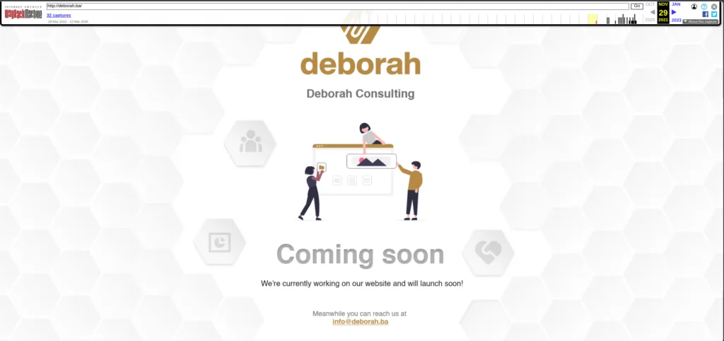 Example of a past snapshot of Deborah Marketing's website on the Wayback machine. It's a "Coming soon, under construction" placeholder.
