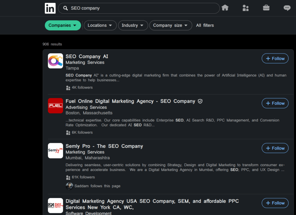 Example of a search on LinkedIn's search. The querry is "SEO company"