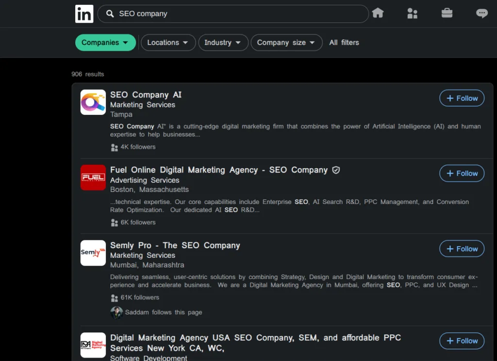 Example of a search on LinkedIn's search. The querry is "SEO company"