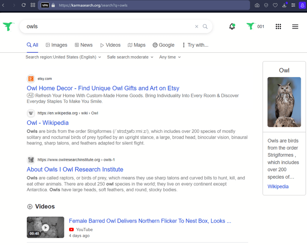 An example of a search on the KARMA search engine. The querry is "owls"