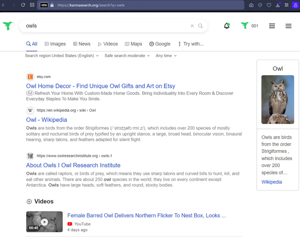 An example of a search on the KARMA search engine. The querry is "owls"