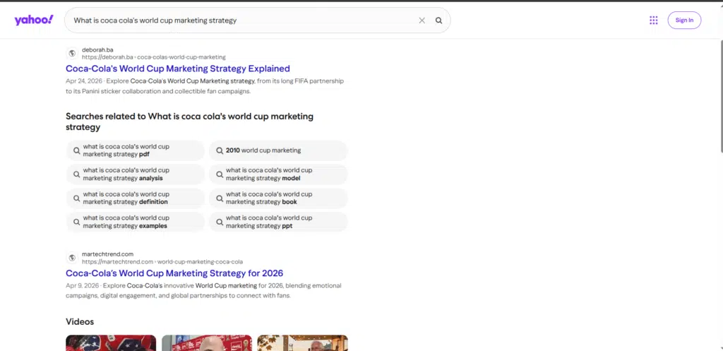 Yahoo search example. The querry is "what is coca cola's world cup marketing strategy