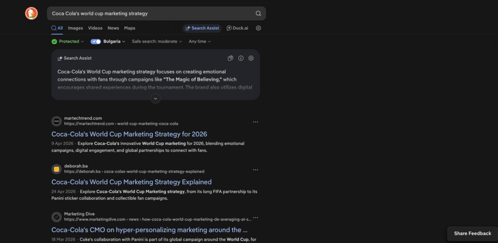 Example of a search on DuckDuckGo search engine. The querry is "Coca Cola's world cup marketing strategy"