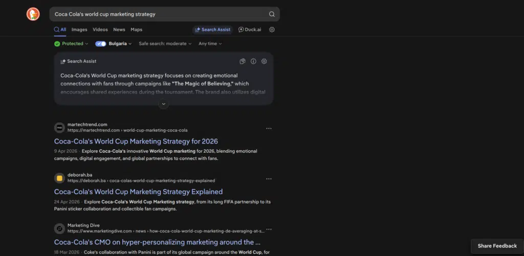 Example of a search on DuckDuckGo search engine. The querry is "Coca Cola's world cup marketing strategy"